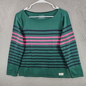 Talbots Authentic Green Navy Pink Striped Cotton Boat Neck Top  Womens Size M